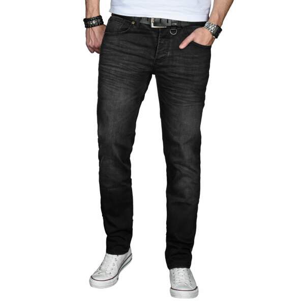 Alessandro Salvarini Herren Jeans Basic Stretch Schwarz Washed Regular Slim