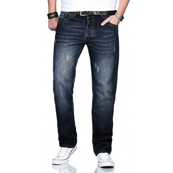Alessandro Salvarini Herren Jeans destroyed elemente Dunkelblau gerades Bein W32 L32