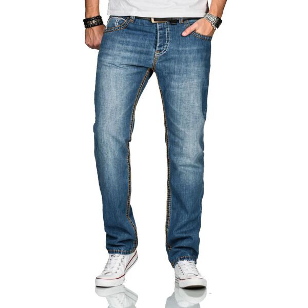 Alessandro Salvarini Herren Jeans dicke Naht gerades Bein Hellblau Comfort Fit W30 L34