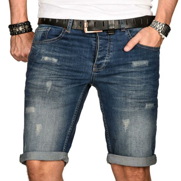 Alessandro Salvarini Herren Jeans Shorts kurze Sommer hose Mittelblau Slim Fit W32