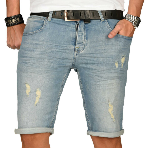 Alessandro Salvarini Herren kurze Jeans Shorts Washed Blau Slim Fit W34