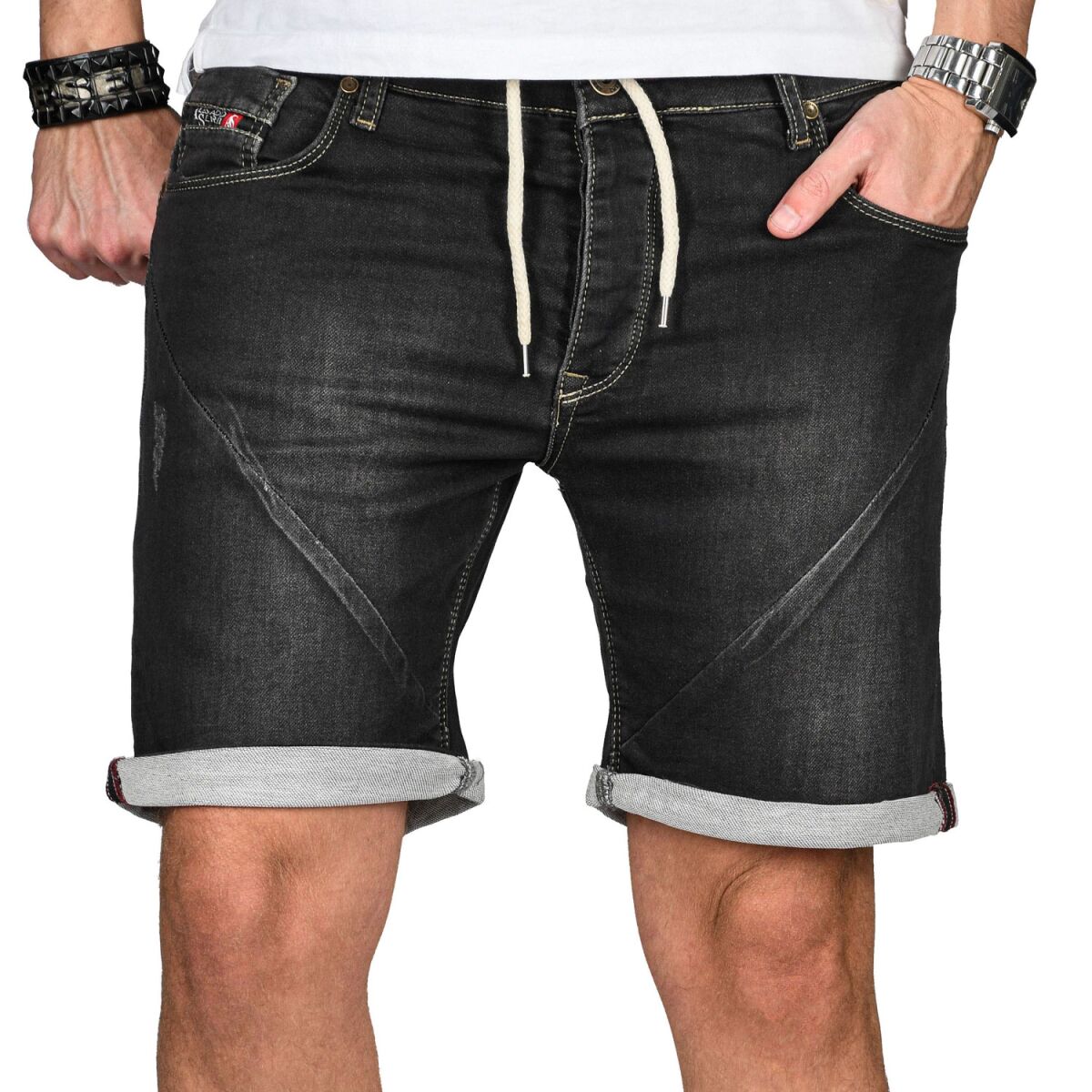 Alessandro Salvarini Herren Jeans Shorts Washed kurze Hose Schwarz