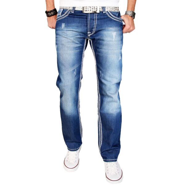 Alessandro Salvarini Herren Jeans dicke Zier Nähte O-011 Blau-W32-L30